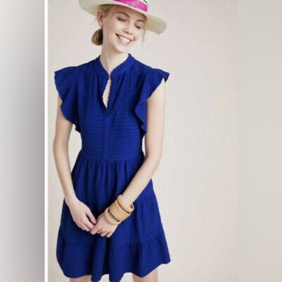 Anthropologie Blue Texture Linen Blend Flutter Sleeve Amadi Adler Tunic Dress XS - Picture 2 of 12